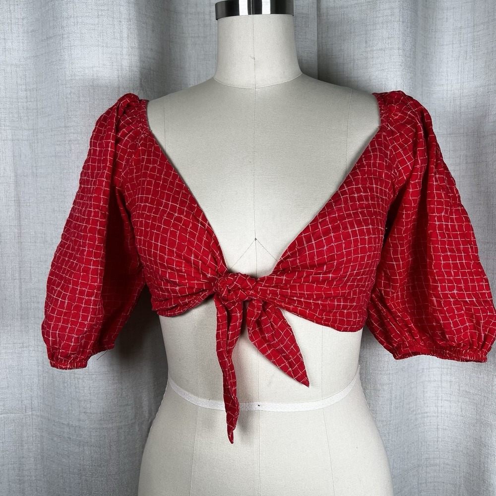 Lulu's Red Grid Tie-Front Crop Top